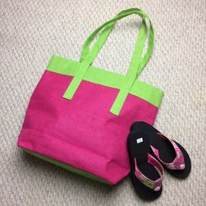 NWOT Preppy pink & green jute tote